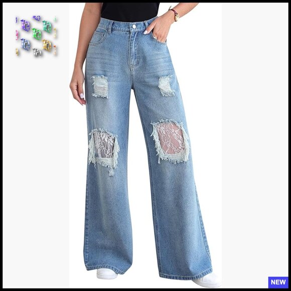 Denim - Distressed Barrel Jeans Mid Rise Straight Wide Leg Pull On Denim Pants